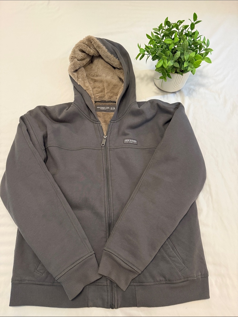 Abercrombie Kids Gray Zip-Up Hoodie with Tan Sherpa Lining